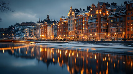 Fototapeta premium Stockholm winter waterfront, lights reflecting on river. Travel, tourism
