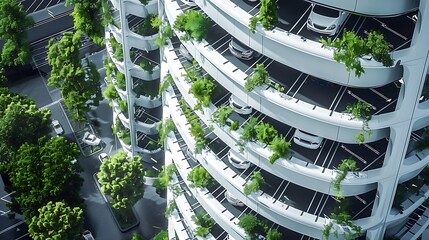 Modern Eco-Friendly Parking Garage Design with Greenery and Urban Landscape Elements