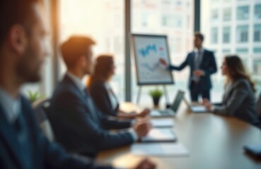 Blurred image business meeting. Speaker presents financial charts. Team discusses company valuation in office. Investment report analysis budget portfolio management with employees.