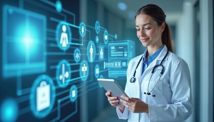 Doctor uses tablet. Telemedicine, digital healthcare tech, innovative medical devices, medical app. Modern healthcare concept shows connection, support. Digital health records, consultation,