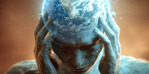 Stone figure head with Earth globe superimposed, hands clasped to temples, conveying global responsibility or environmental concern
