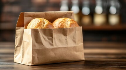 Freshly baked rolls in brown paper bag on wooden table