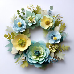 Obraz premium 3d paper cut flower wreath in pastel blue, green, and yellow on a white background.