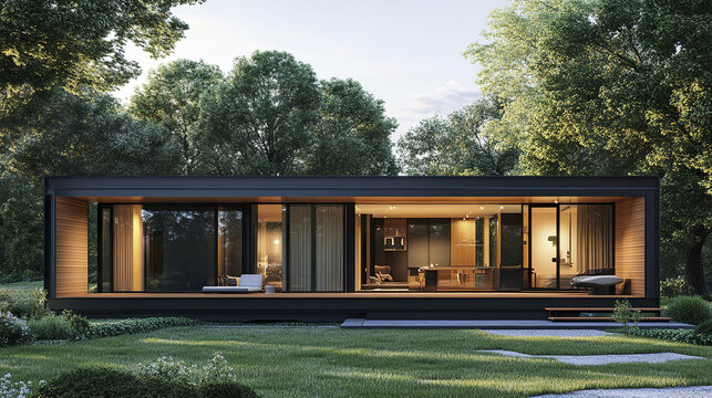 Modern prefab modular home with minimalist design in serene forest setting