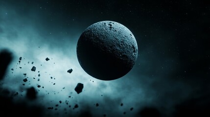 Floating debris and broken satellite in orbit around dark planet post apocalyptic space atmosphere 