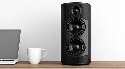Obraz premium Black Speaker on Table Next to Laptop and Coffee Cup