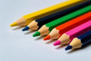 several colored pencils lined up in a row on a white surface