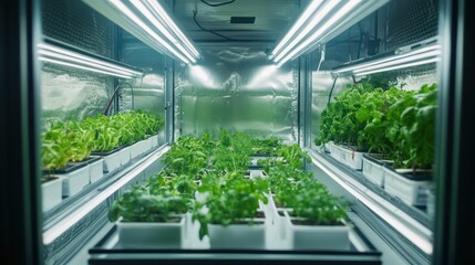 A high-tech greenhouse with transparent walls, LED lights, and irrigation systems nurturing rows of lush green vegetables.