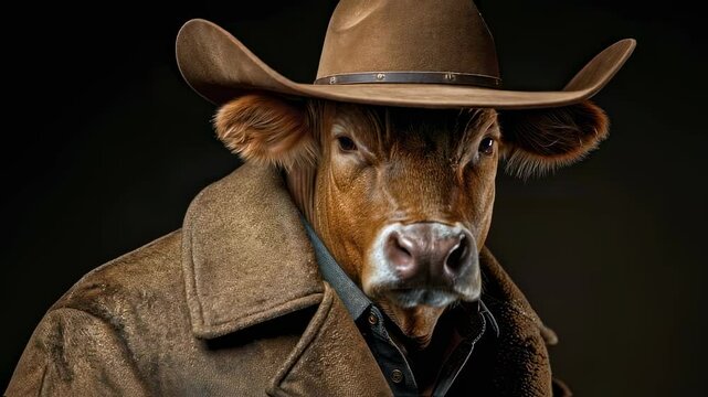 Anthropomorphic Cowboy Cow Footage: Brown Cattle Head with Hat and Coat. Farm Animal Dressed Up Video Clip. Western Theme Concept on Dark Studio Backgrounds.