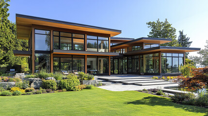 Fototapeta premium Contemporary sustainable house with large windows and lush garden