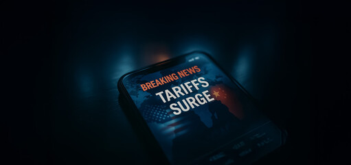 Mobile screen shows breaking news with 'TARIFFS SURGE' headline, symbolizing urgent global financial news and economic tension.