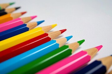 brightly colored pencils lined up in a row on a white surface