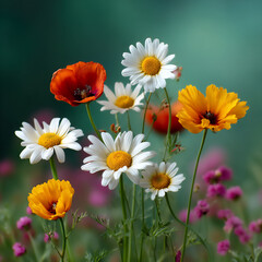 Obraz premium a beautiful spring meadow background with colorful wildflowers, including daisies and poppies