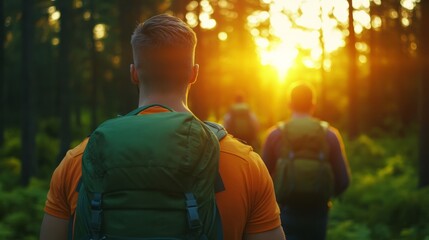 Retro film style photo of hikers in summer forest lens flare and warm tones vintage nature adventure 