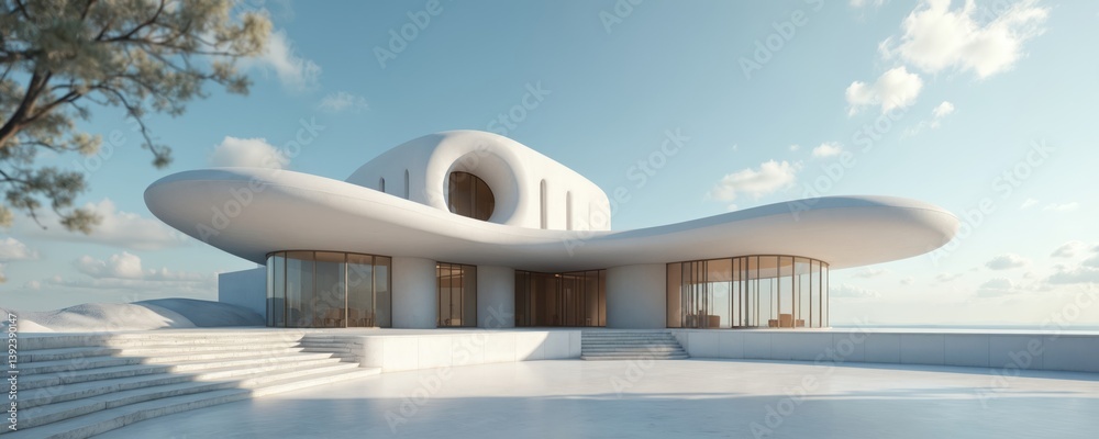 Poster modern futuristic building with unique architectural details cement curve shape against the sky, abs