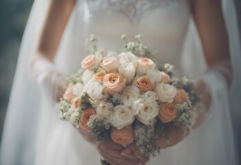 bride bouquet hands flower dress married pink beautiful hand nature floral ceremony celebration green rose woman female young vintage eucalyptus beauty marriage background love white bridal romantic