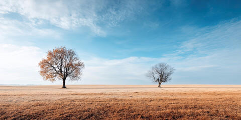 Fototapeta premium Minimal landscape background, wide sky, open field, sparse trees, minimalistic nature illustration backdrop