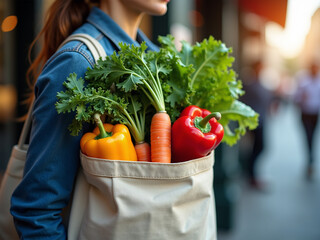 mujer llevando productos frescos en bolsa ecológica sin plástico. verduras en una bolsa de tela. 