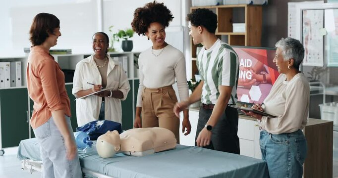 First aid, happy and people high five for success, presentation or skill development with mannequin. Group, dummy or paramedic clapping for medical achievement, healthcare training or course goal