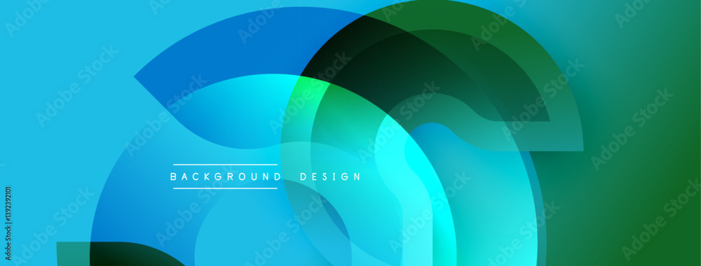 Poster Abstract geometric shapes, vibrant blue, green gradients. Modern design, smooth transitions, layered elements create dynamic visual effect.