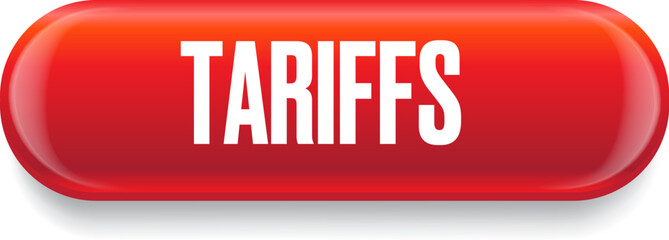 American tariffs and US government taxation vector button and label isolated on white. Usa trade war and war policy, duties imposed on imports and exports. New tariffs for countries