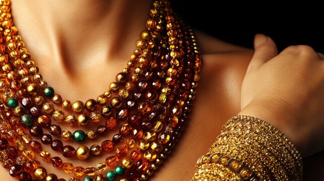 Elegant display of layered amber and gold jewelry on a woman's neck