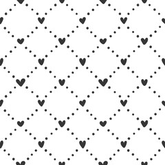 Cute monochrome heart seamless pattern. Vector black hand drawn love hearts and diagonal dotted lines, rhombus texture on white background. Valentines day wallpaper, trendy minimal print design.