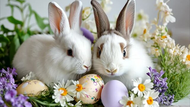 Two cute white bunnies, one with brown ears, sit among colorful Easter eggs and blooming spring flowers