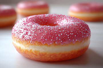 Delicious pink donut with sprinkles and glaze on a light background with more donuts