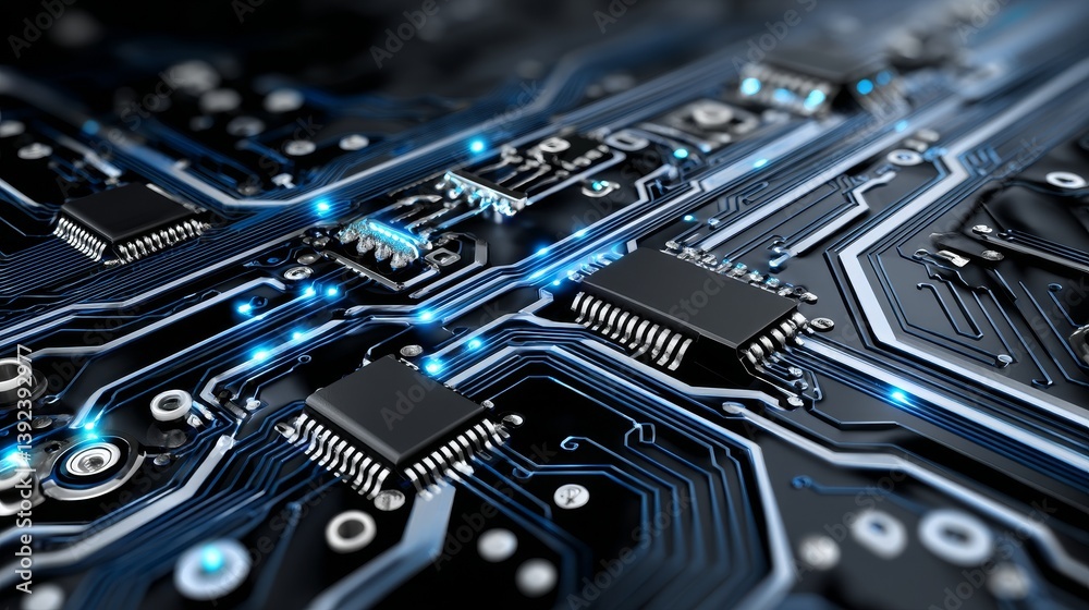 Poster conceptual background of advanced technology, including computing processor, cpu, microchip, and ele