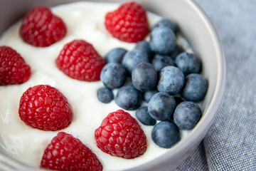 Gray bowl and natural yogurt with berries on the fabric background.