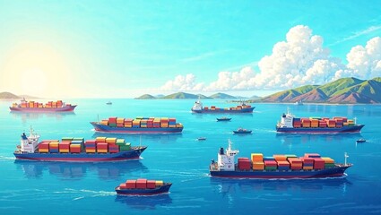 Ocean Trade Routes &ndash; Ships and floating containers point to maritime trade, a major channel affected by tariffs.