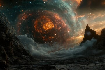 A Swirling Nebula Above a Rocky, Foggy Landscape