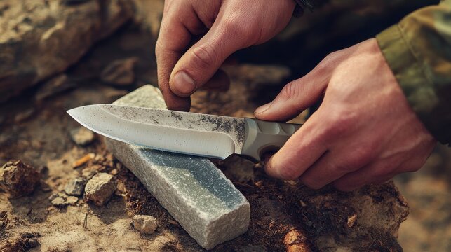 A person sharpening a knife on a stone in a rugged outdoor environment - Powered by Adobe