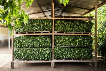 Large wooden racks filled with tea leaves in a processing facility Generative AI