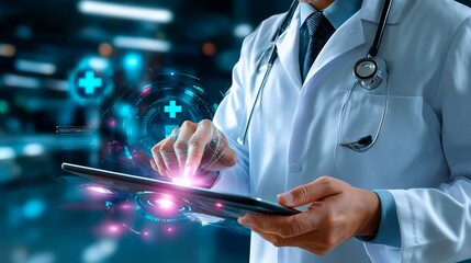 タブレットPCを手で操作し医療現場を管理する聴診器を肩にかけた白衣姿の男性医師。病院のテクノロジー。