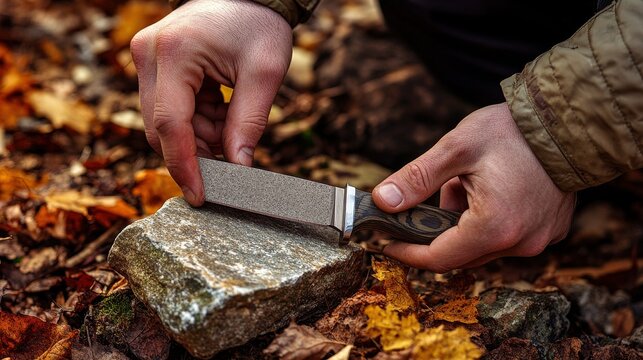 Person sharpening a knife on a stone amidst autumn leaves in a forest setting