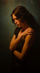 Young woman with brown hair, wearing a black top, against a teal textured background,  depicting introspection and quiet contemplation