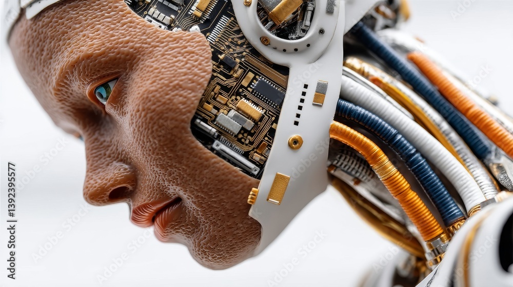 Poster a realistic stock image depicts the fusion of human and computer elements through a head with a circ