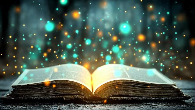 Opened mysterious book glows with magical light, floating orbs, auras of knowledge and wisdom emanate on dark wooden table.