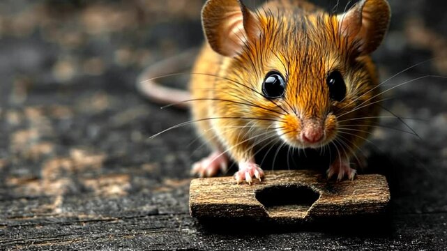 Small mouse on wooden trap, focused close-up shot
