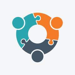 A modern circular logo design featuring three puzzle pieces in teal, orange and slate blue with coordinating human figures representing teamwork and integrated solutions.
