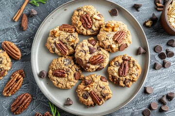 Fototapeta premium Deliciously baked cookies golden brown treats with chocolate chips and nuts awaiting indulgence