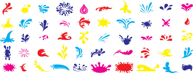 Water splash. Cartoon blue water drops, puddle, spray and waves. Nature object spatters, sputter, splashdown. Clean aqua motion concept