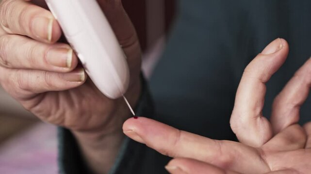 Diabetic checks blood sugar levels with glucose meter CLOSE-UP