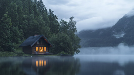 Fototapeta premium Cozy lit wooden house on lakeshore with forested backdrop