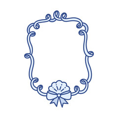 Coquette frame of ribbon with bow and sea shell. Hand drawn blue ink marine border. Summer beach vibe. Whimsical background for greeting cards, invitations, social media