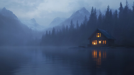 Fototapeta premium Cozy lit wooden house on lakeshore with forested backdrop and misty mountains