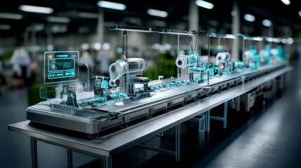 The concept of a smart factory is represented by an abstract tech background, showcasing the Industry 4.0 revolution through automation and data exchange in manufacturing technologies, stock image
