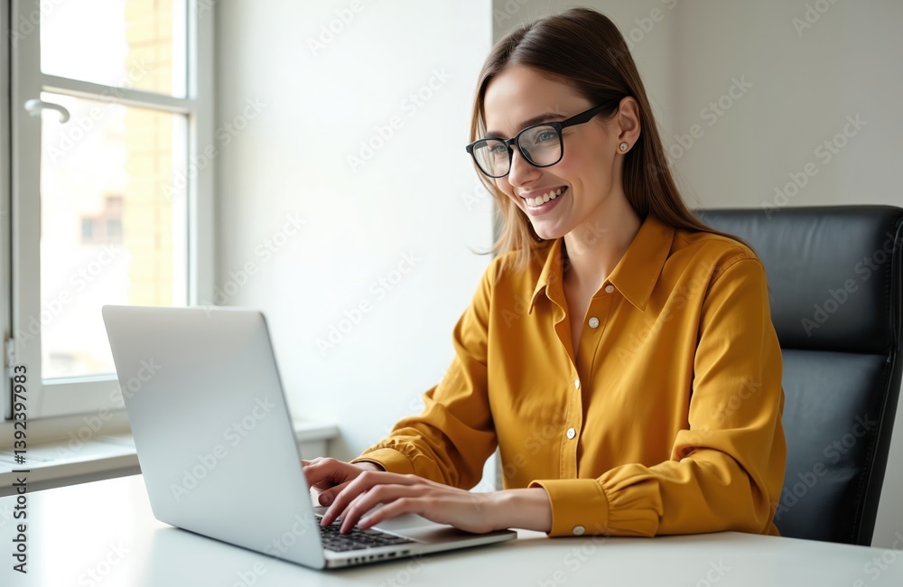 Aufkleber smiling businesswoman wearing glasses typing on laptop in office. young female businessperson workin